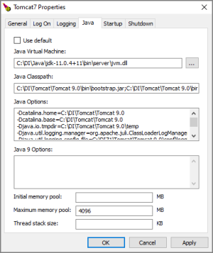 The Tomcat9 Properties Java tab.